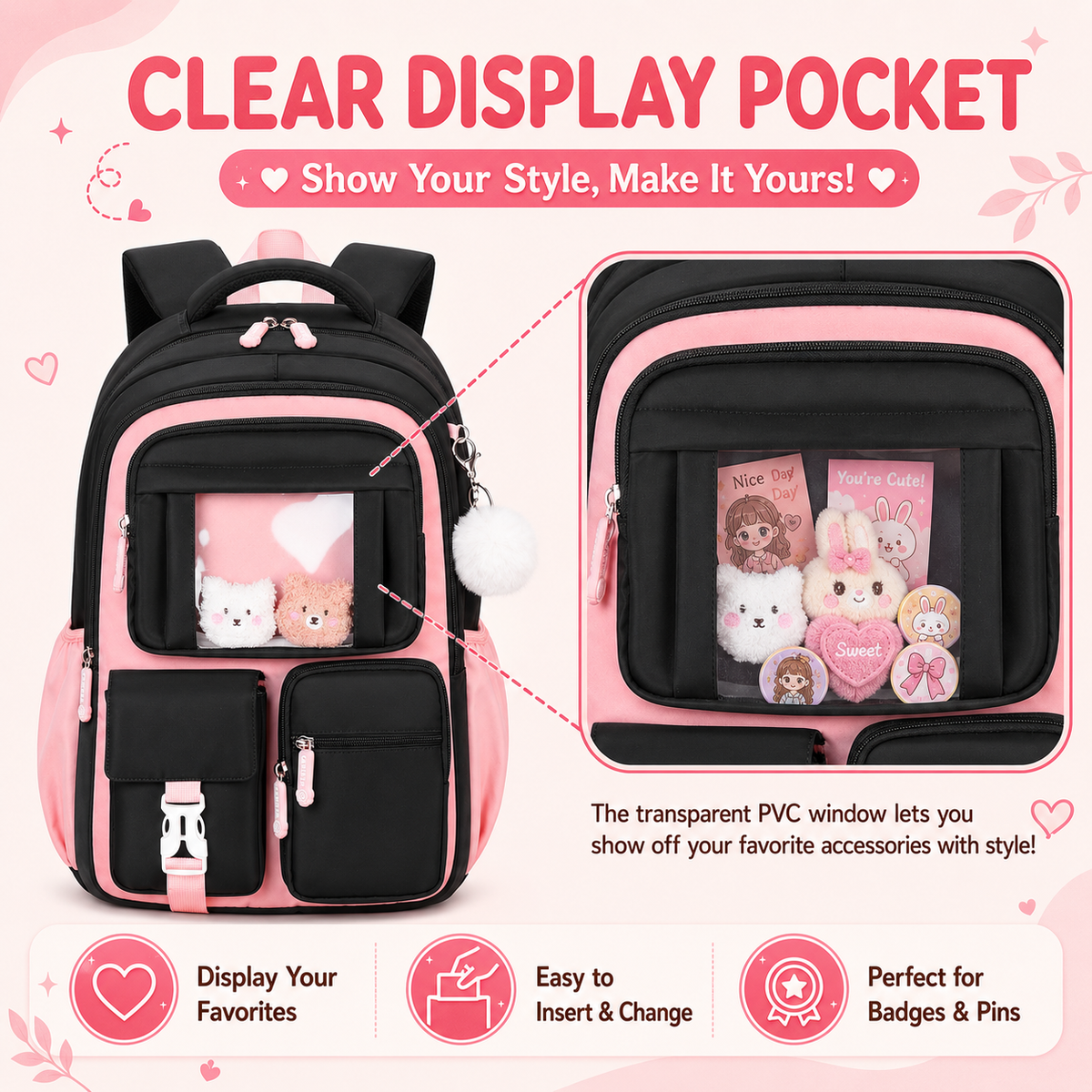 MEHOOM Girls Backpack for School, Kids Bookbag for Girls, Kawaii School Bag with Clear Display Pocket, Large Capacity Elementary Middle School Backpack, Black Pink