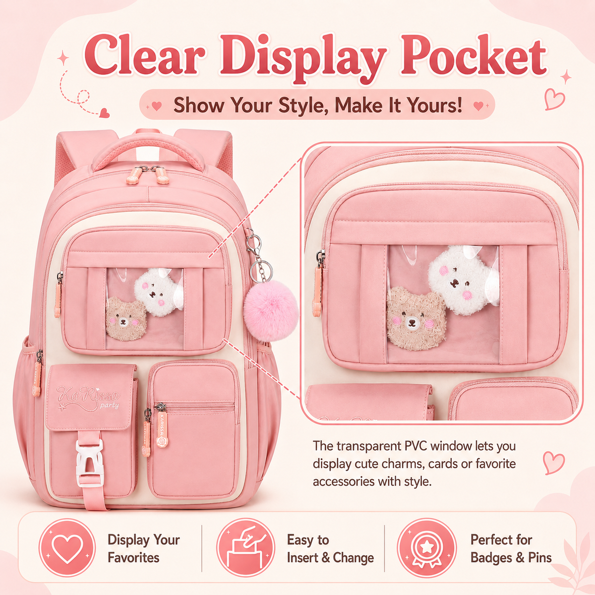 MEHOOM Girls Backpack for School, Kids Bookbag for Girls, Kawaii School Bag with Clear Display Pocket, Large Capacity Elementary Middle School Backpack, Pink