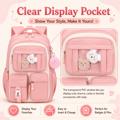 MEHOOM Girls Backpack for School, Kids Bookbag for Girls, Kawaii School Bag with Clear Display Pocket, Large Capacity Elementary Middle School Backpack, Pink