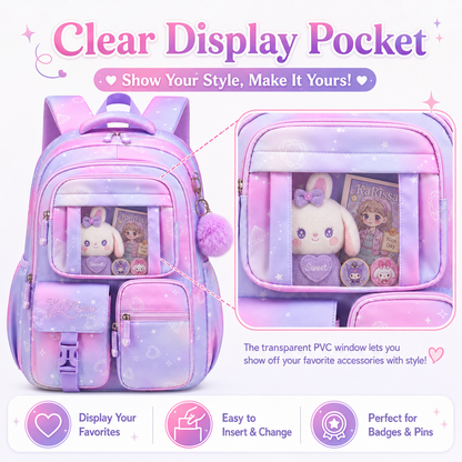 MEHOOM Girls Backpack for School, Kids Bookbag for Girls, Kawaii School Bag with Clear Display Pocket, Large Capacity Elementary Middle School Backpack, Purple Gradient