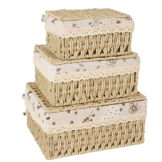 MEHOOM Wicker Basket with Lid, Set of 3 Woven Storage Baskets, Decorative Wicker Storage Bins for Home Organization