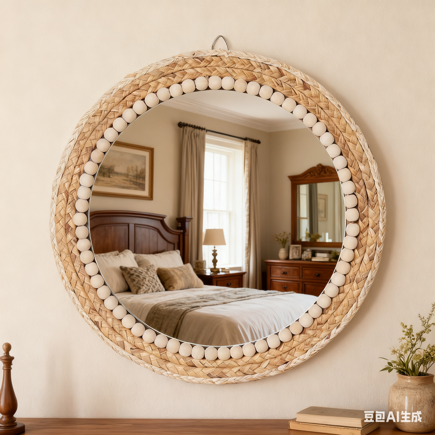 MEHOOM 17" Round Wall Mirror, Boho Hanging Round Mirror, Wall Decor for Bedroom, Bathroom, Living Room, Beige