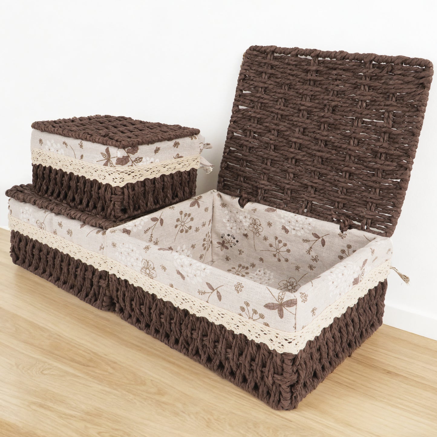 XGVGI Wicker Basket Set of 3 – Woven Storage Baskets for Bedroom, Closet, Table, or Living Room (Dark Brown)