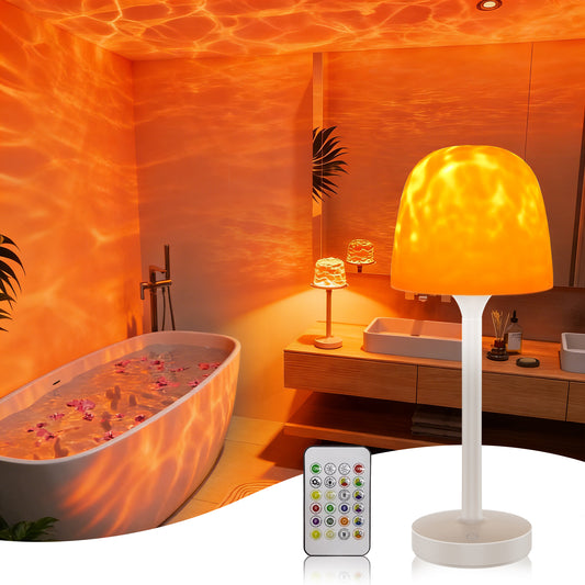 MEHOOM Table Lamp, Waterproof Shower Lamp with 16 Color Ocean Wave Projector, Rechargeable Shower Light with Touch & Remote Control, Cordless Light for Inside Shower/Bathtub
