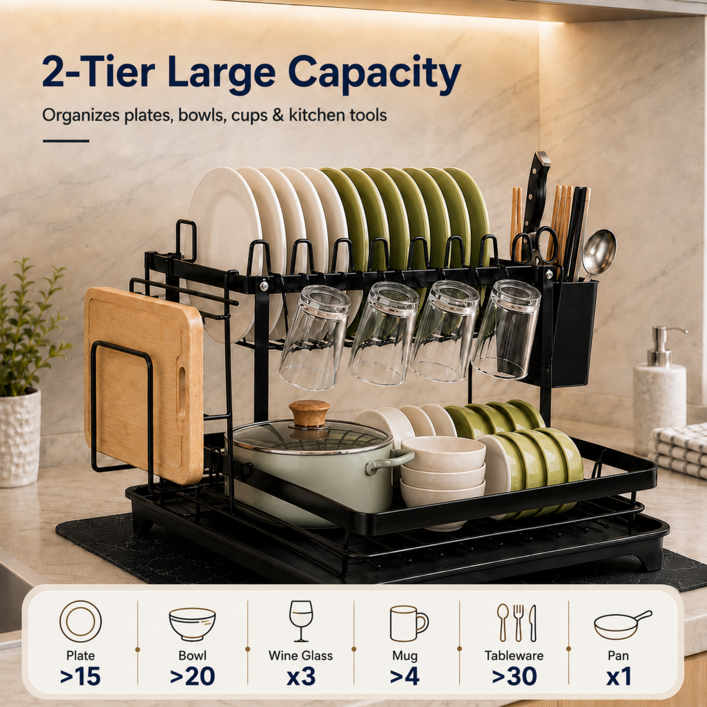 MEHOOM 2-Tier Dish Drying Rack for Kitchen Counter, Stainless Steel Dish Rack & Dish Drainer with Auto Drainage, Absorbent Mat, Cup Holder, Black