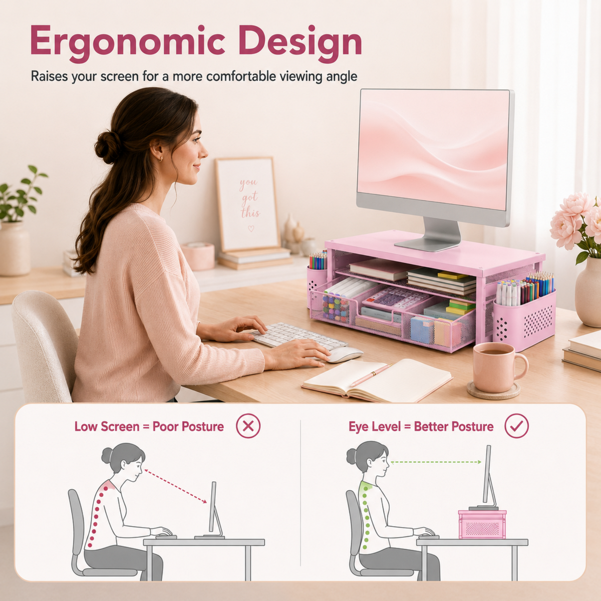 MEHOOM Desk Organizer, 3-Tier Monitor Stand with Storage and 2 Pen Holder, Laptop Stand, Office Desk Accessories for Office Supplies, Pink