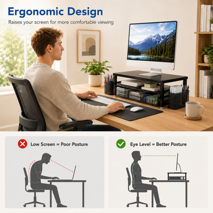 MEHOOM 3-Tier Monitor Stand Riser with Drawer and Pen Holders, Desk Organizer and Accessories college essential for Laptop, Office, and Dorm Desktop Setup, Black