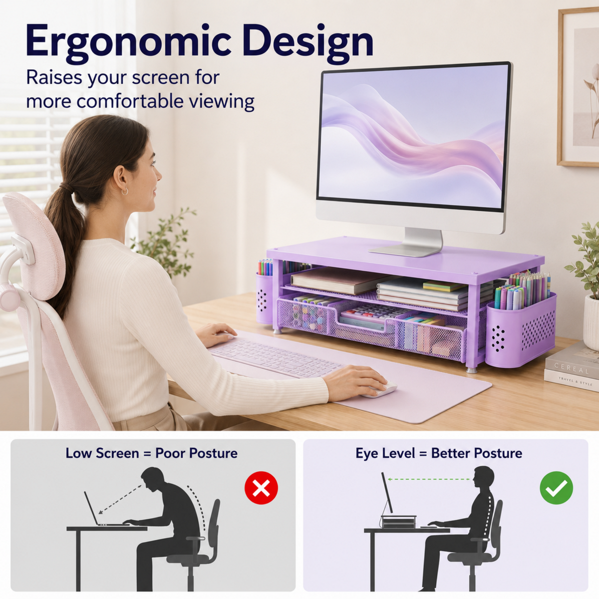 MEHOOM Desk Organizer, 2-Tier Monitor Stand with Storage and 2 Pen Holder, Laptop Stand, Office Desk Accessories for Office Supplies, Purple