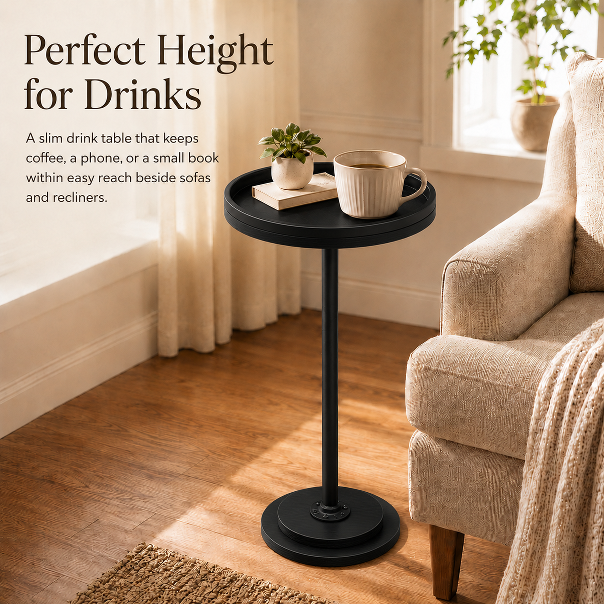 MEHOOM Round Side Table, Black Drink Table for Small Spaces, Modern Accent End Table for Living Room, Bedroom