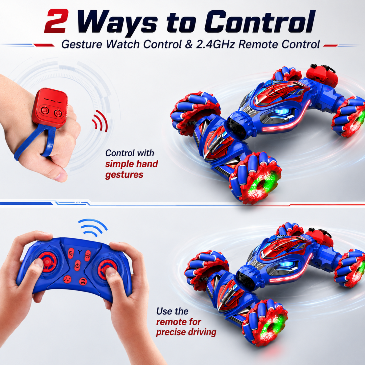 MEHOOM Remote Control Car for Kids Ages 3-12, 2.4GHz RC Stunt Car with Gesture Sensing, 360° Rotating Fast RC Car, LED Lights, Sounds & Mist Spray