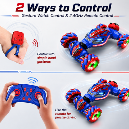 MEHOOM Remote Control Car for Kids Ages 3-12, 2.4GHz RC Stunt Car with Gesture Sensing, 360° Rotating Fast RC Car, LED Lights, Sounds & Mist Spray