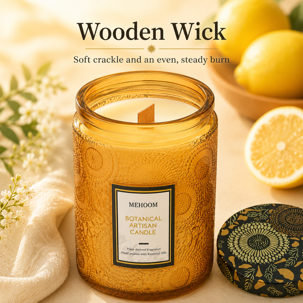 MEHOOM Lemon Wood Wick Scented Candle, 20oz Large Beeswax & Soy Blend, Clean Burning 100-Hour Candle, Cozy Gift for Home Decor