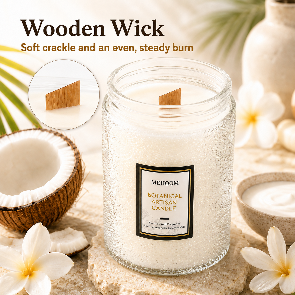 MEHOOM Coconut Beach Wood Wick Scented Candle, 20oz Large Beeswax & Soy Blend, Clean Burning 100-Hour Candle, Cozy Gift for Home Decor