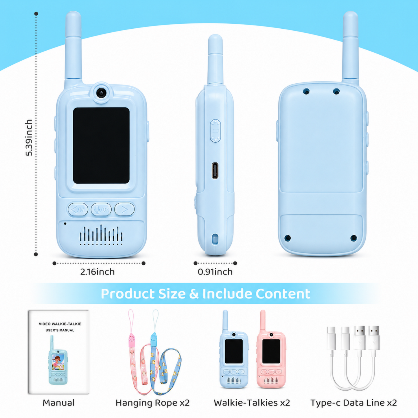 Multifunctional Video Walkie Talkies for Kids, Rechargeable Walkie Talkies with Camera & Message Storage, Long-Range Two-Way Radios for Indoor Outdoor Play, Boys & Girls Ages 3–12(Blue/Pink)