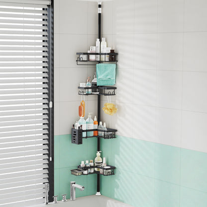 MEHOOM 4-Tier Corner Shower Caddy with Tension Pole, Adjustable 30–120 inch, No-Drill Shower Organizer with Hooks, Soap Holder & Toothbrush Cup, Rustproof Bathroom Caddy (Black)