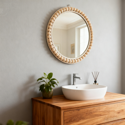 MEHOOM 17" Round Wall Mirror, Boho Hanging Round Mirror, Wall Decor for Bedroom, Bathroom, Living Room, Beige