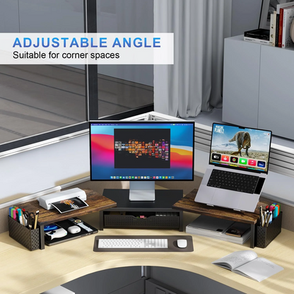 MEHOOM Dual Monitor Stand Riser, Desk Organizer With Drawer and 2 Pen Holders,Computer Monitor Stand, Desk Shelf for Top of Desk, Wood