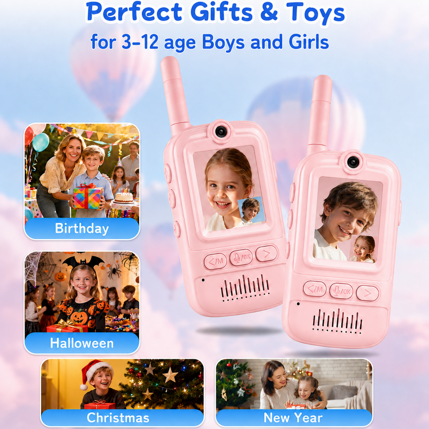 Multifunctional Video Walkie Talkies for Kids, Rechargeable Walkie Talkies with Camera & Message Storage, Long-Range Two-Way Radios for Indoor Outdoor Play, Boys & Girls Ages 3–12 (Pink/Pink)