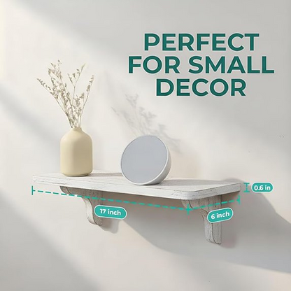 Real Wood Rustic White Wall Shelves for Bedroom - 17 inch (3 Pack) - Easy to Install, Template and Video Included - Solid Wood Floating Shelves, Farmhouse Bathroom Shelves