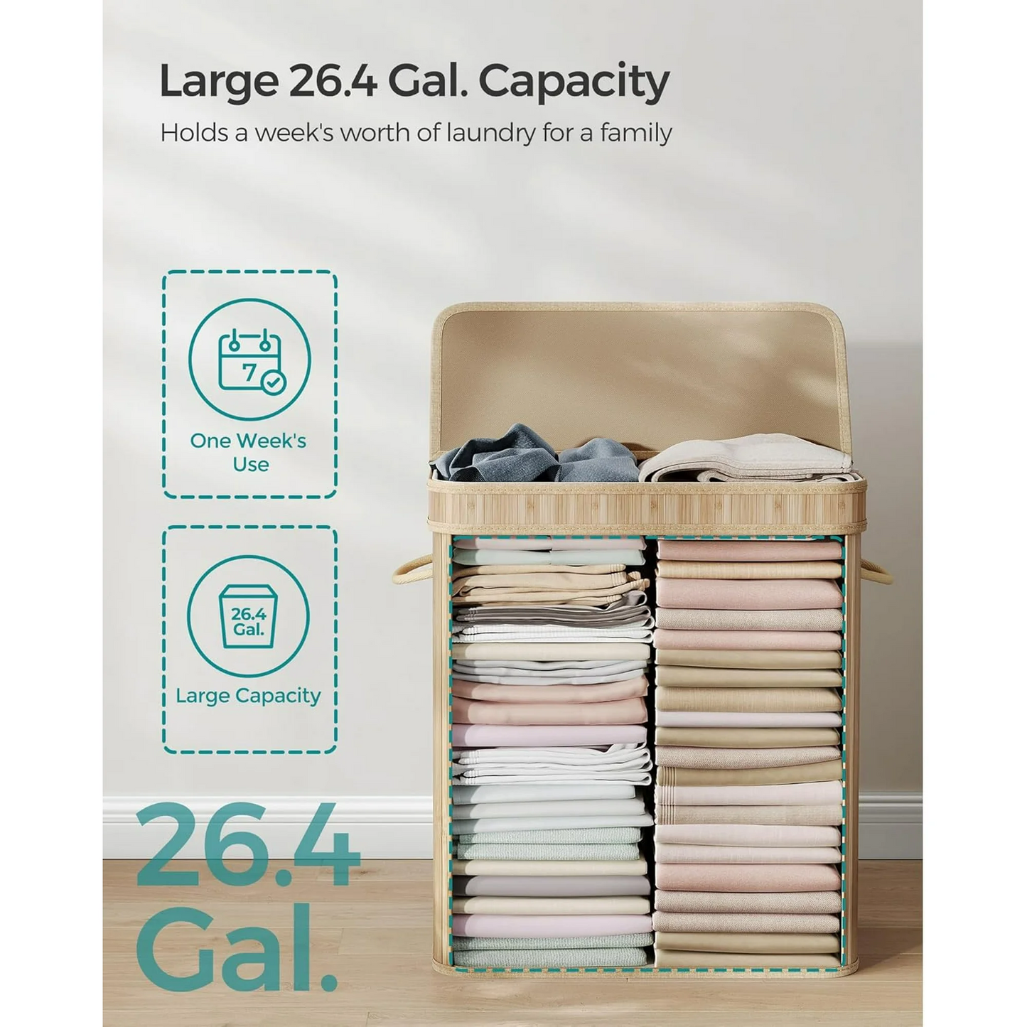 XGVGI Foldable Laundry Hamper with Lid, 100L Large Bamboo Clothes Basket with Removable Liner & Handles, Tall Rectangular Hamper for Bedroom, Bathroom, Small Spaces (Natural)