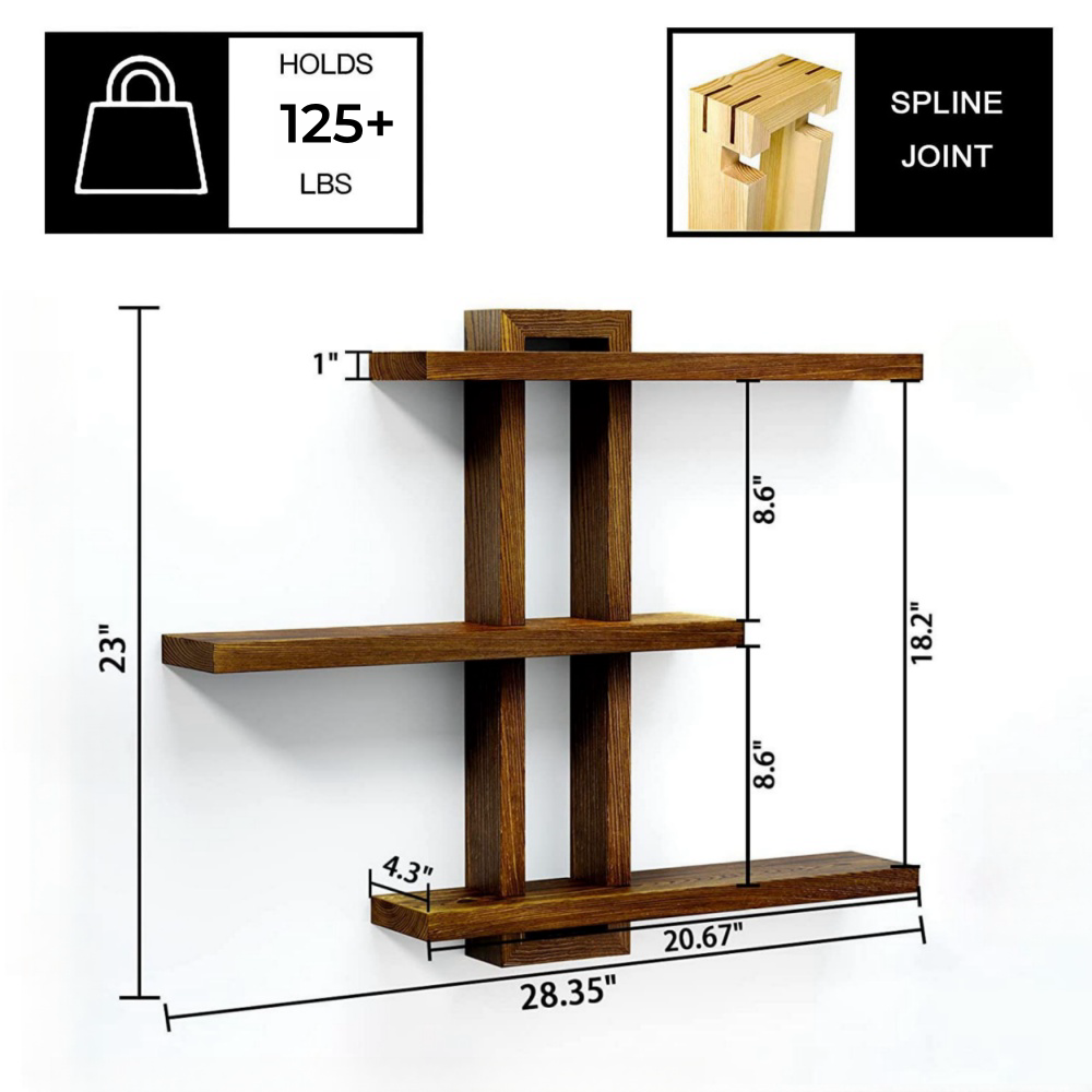 MEHOOM 3-Tier Wooden Floating Wall Shelf, Rustic Wall-Mounted Storage Shelves for Bedroom, Living Room, Farmhouse Wall Decor, 20in