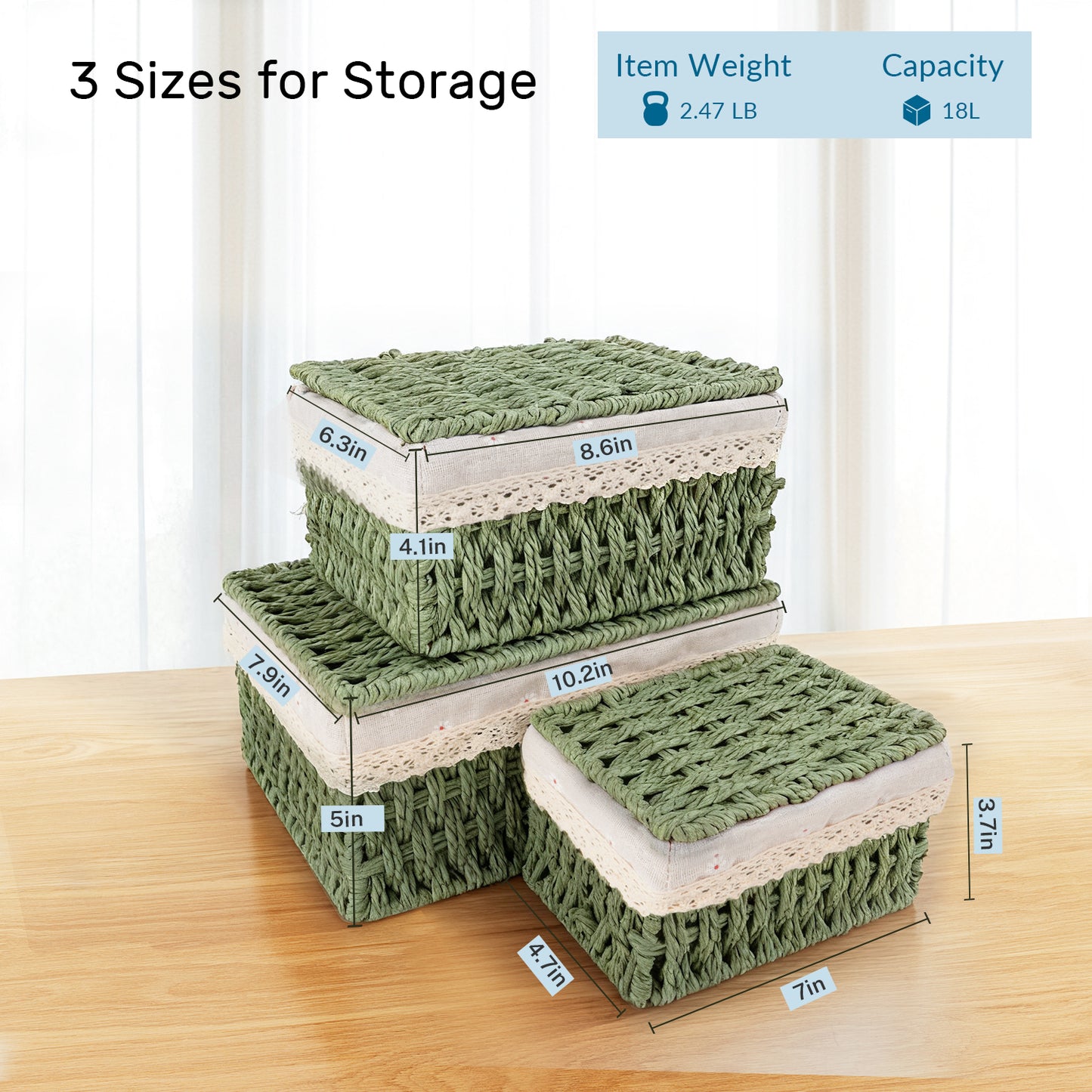 XGVGI Wicker Woven Set of 3 Storage & Organization, Woven Storage Baskets for Bedroom, Closet, Table, or Living Room (Green)