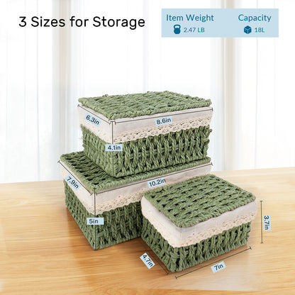 XGVGI Wicker Woven Set of 3 Storage & Organization, Woven Storage Baskets for Bedroom, Closet, Table, or Living Room (Green)