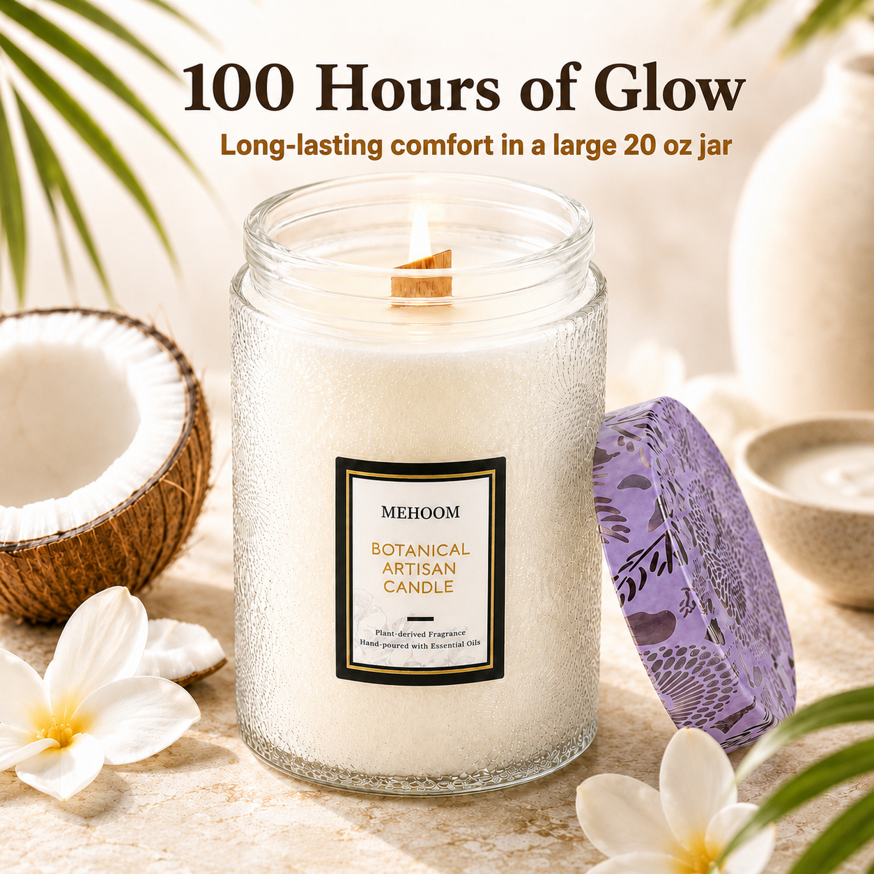 MEHOOM Coconut Beach Wood Wick Scented Candle, 20oz Large Beeswax & Soy Blend, Clean Burning 100-Hour Candle, Cozy Gift for Home Decor