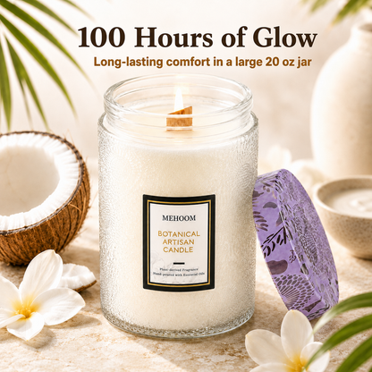 MEHOOM Coconut Beach Wood Wick Scented Candle, 20oz Large Beeswax & Soy Blend, Clean Burning 100-Hour Candle, Cozy Gift for Home Decor