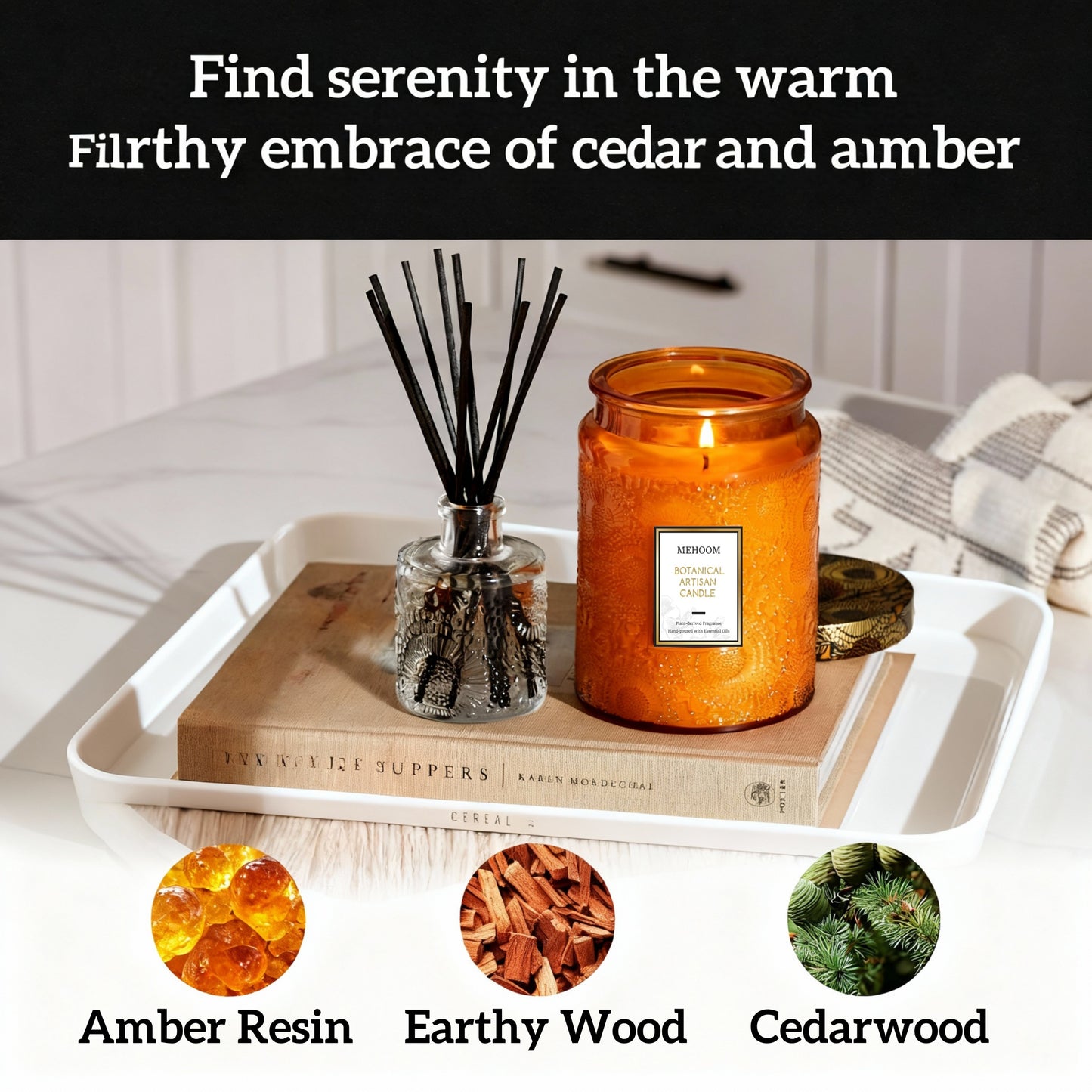 MEHOOM Cedarwood & Amber Wood Wick Scented Candle, 20oz Large Beeswax & Soy Blend, Clean Burning 100-Hour Candle, Cozy Gift for Home Decor