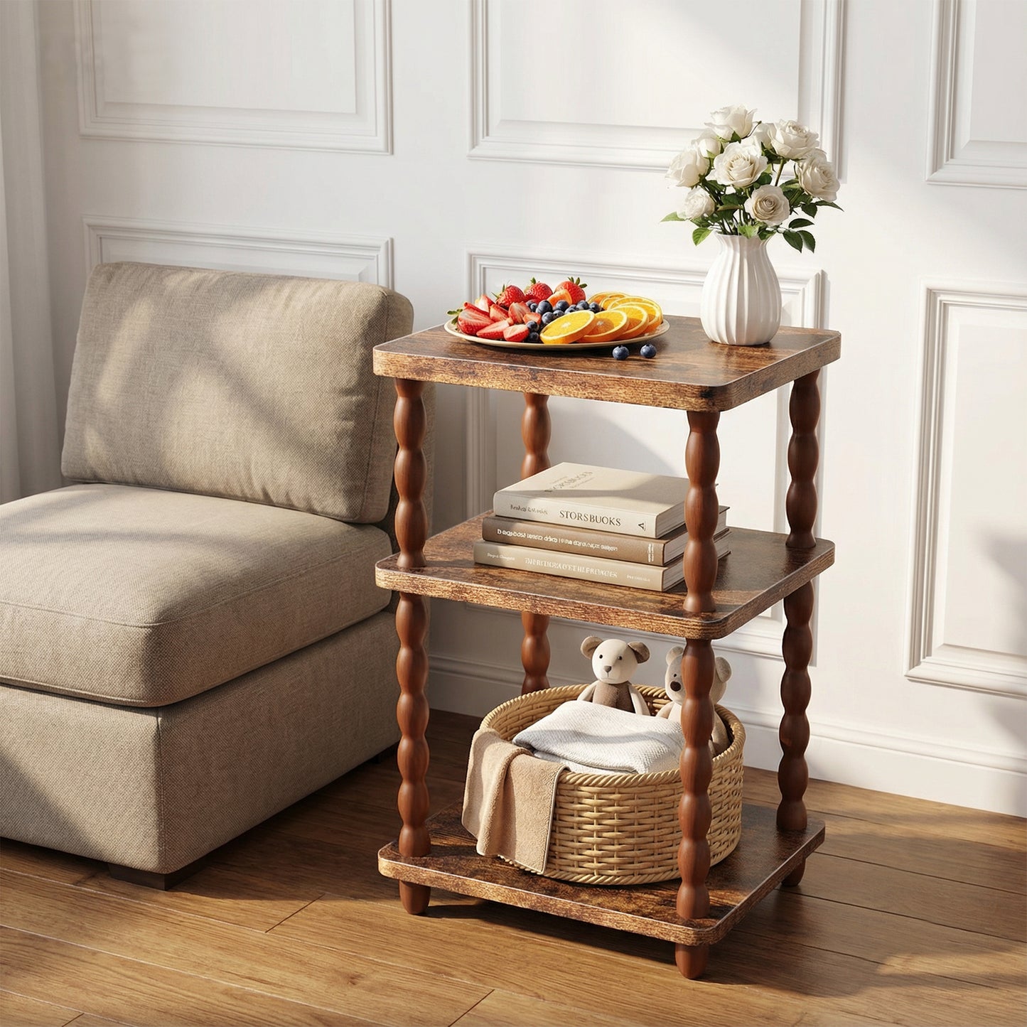 MEHOOM 3-Tier Side Table, Nightstand with Storage, Vintage Accent Table Small End Table for Living Room and Bedroom