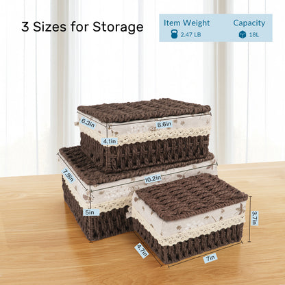 XGVGI Wicker Basket Set of 3 – Woven Storage Baskets for Bedroom, Closet, Table, or Living Room (Dark Brown)