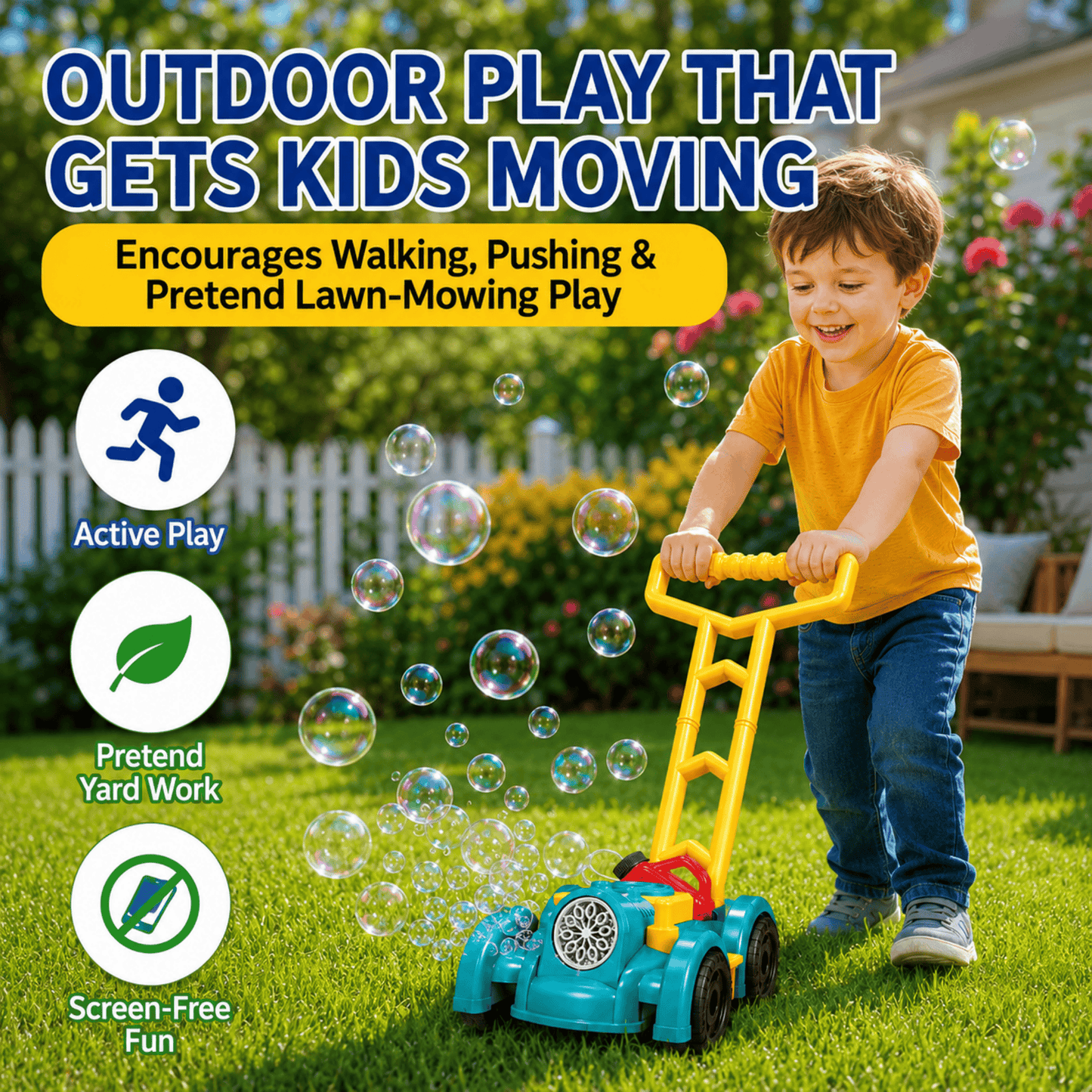 MEHOOM Light Bubble Machine for Kids, Bubbles Lawn Mower with 12 Refill Packs, Outdoor Auto Bubble Blowing Toy with for Toddlers Boys Girls Age 3-10,Blue