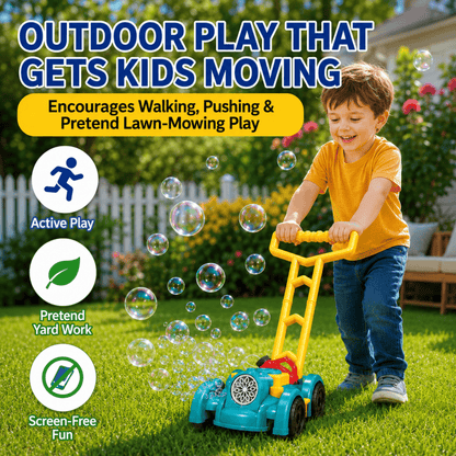 MEHOOM Light Bubble Machine for Kids, Bubbles Lawn Mower with 12 Refill Packs, Outdoor Auto Bubble Blowing Toy with for Toddlers Boys Girls Age 3-10,Blue