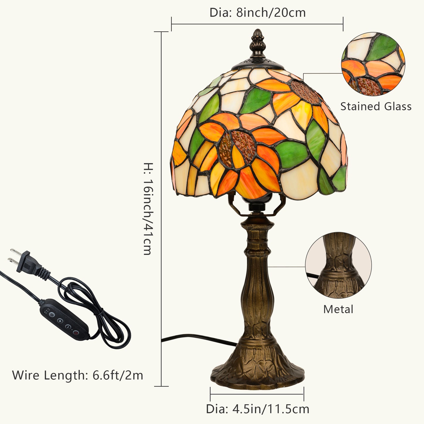 MEHOOM Sunflower Tiffany Style Table Lamp with Stained Glass Lamp Shade, LED 3 Color,Auto Timer Dimmable,Bedroom, Living Room