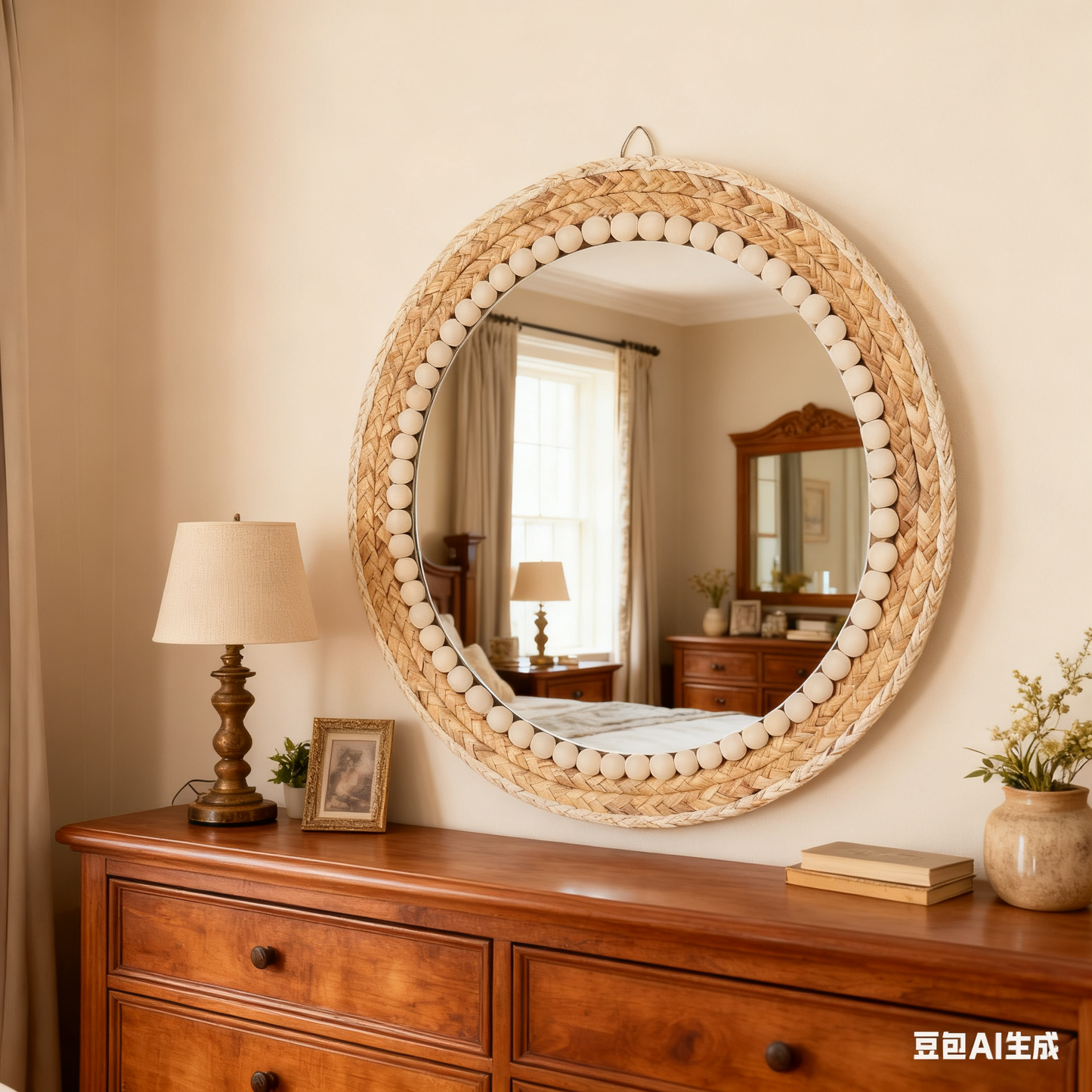 MEHOOM 17" Round Wall Mirror, Boho Hanging Round Mirror, Wall Decor for Bedroom, Bathroom, Living Room, Beige