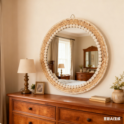 MEHOOM 17" Round Wall Mirror, Boho Hanging Round Mirror, Wall Decor for Bedroom, Bathroom, Living Room, Beige