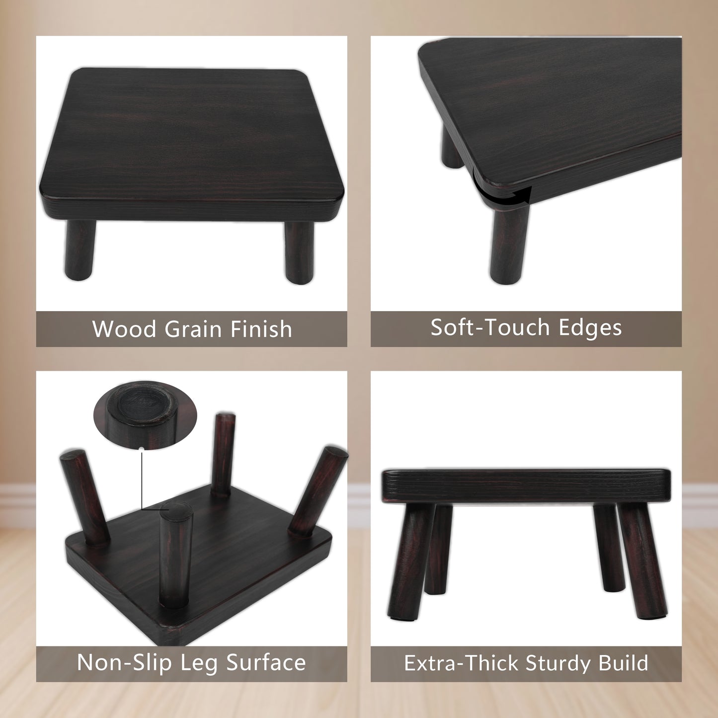 MEHOOM Wooden Step Stool for Adults and Kids, Heavy Duty Foot Stool with 500 lbs Capacity, Non-Slip Step Stool for Bedroom, Kitchen, Bathroom (Rustic Brown)