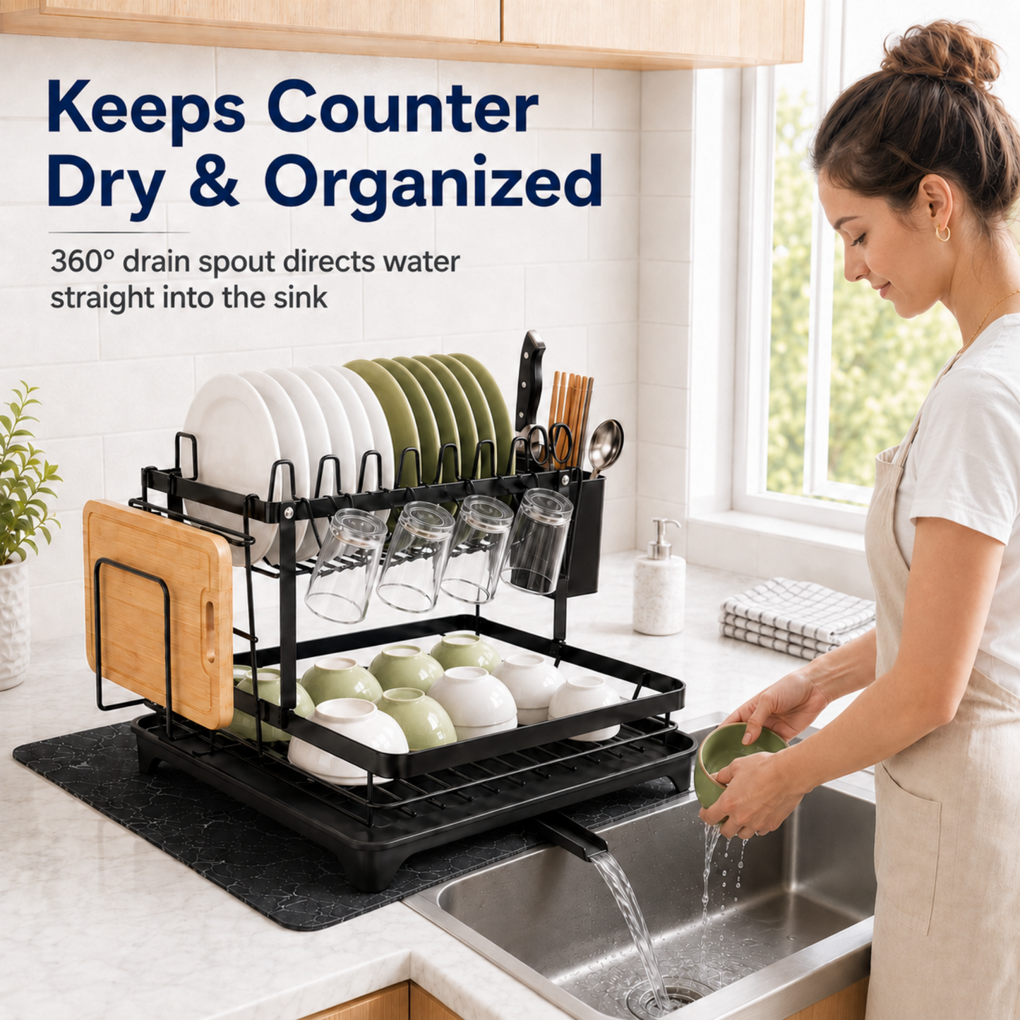MEHOOM 2-Tier Dish Drying Rack for Kitchen Counter, Stainless Steel Dish Rack & Dish Drainer with Auto Drainage, Absorbent Mat, Cup Holder, Black