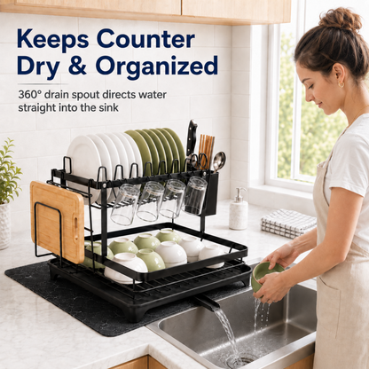 MEHOOM 2-Tier Dish Drying Rack for Kitchen Counter, Stainless Steel Dish Rack & Dish Drainer with Auto Drainage, Absorbent Mat, Cup Holder, Black