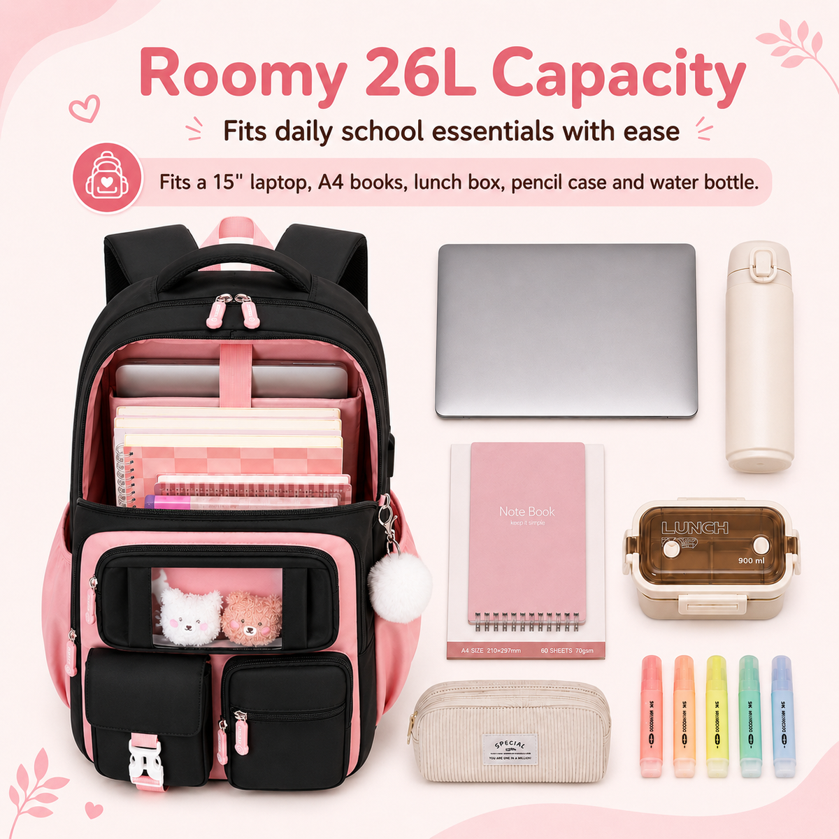 MEHOOM Girls Backpack for School, Kids Bookbag for Girls, Kawaii School Bag with Clear Display Pocket, Large Capacity Elementary Middle School Backpack, Black Pink
