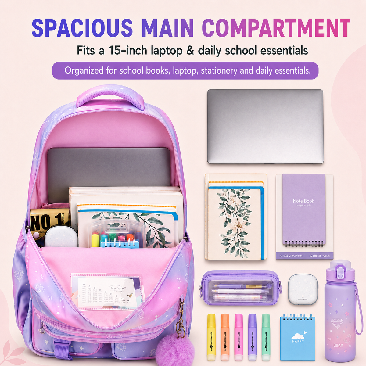 MEHOOM Girls Backpack for School, Kids Bookbag for Girls, Kawaii School Bag with Clear Display Pocket, Large Capacity Elementary Middle School Backpack, Purple Gradient