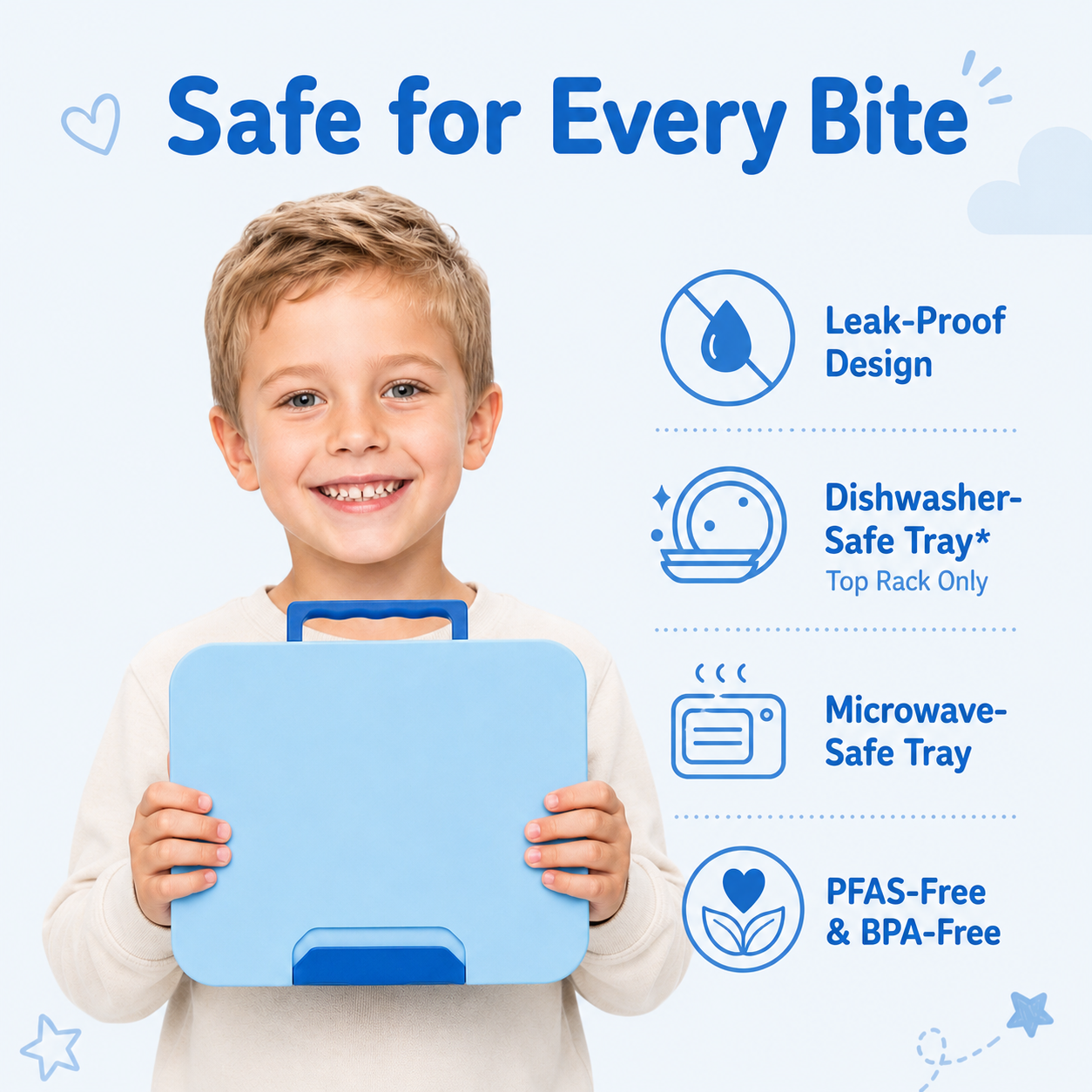 MEHOOM Kids Lunch Box with Thermos Food Jar, Bento Box for Kids with Removable Tray, Adjustable Divider, Soft Fork, Leak-Proof School Lunch Box for Daycare, Picnic, Travel, Blue
