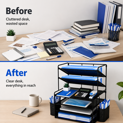MEHOOM 6-Tier Desk Organizer, Metal File Organizer with Letter Tray Paper Organizer, Desktop Document & Mail Organizer, Office Supplies Organizer with 2 Pen Holders, Office Desk Accessories for Home,