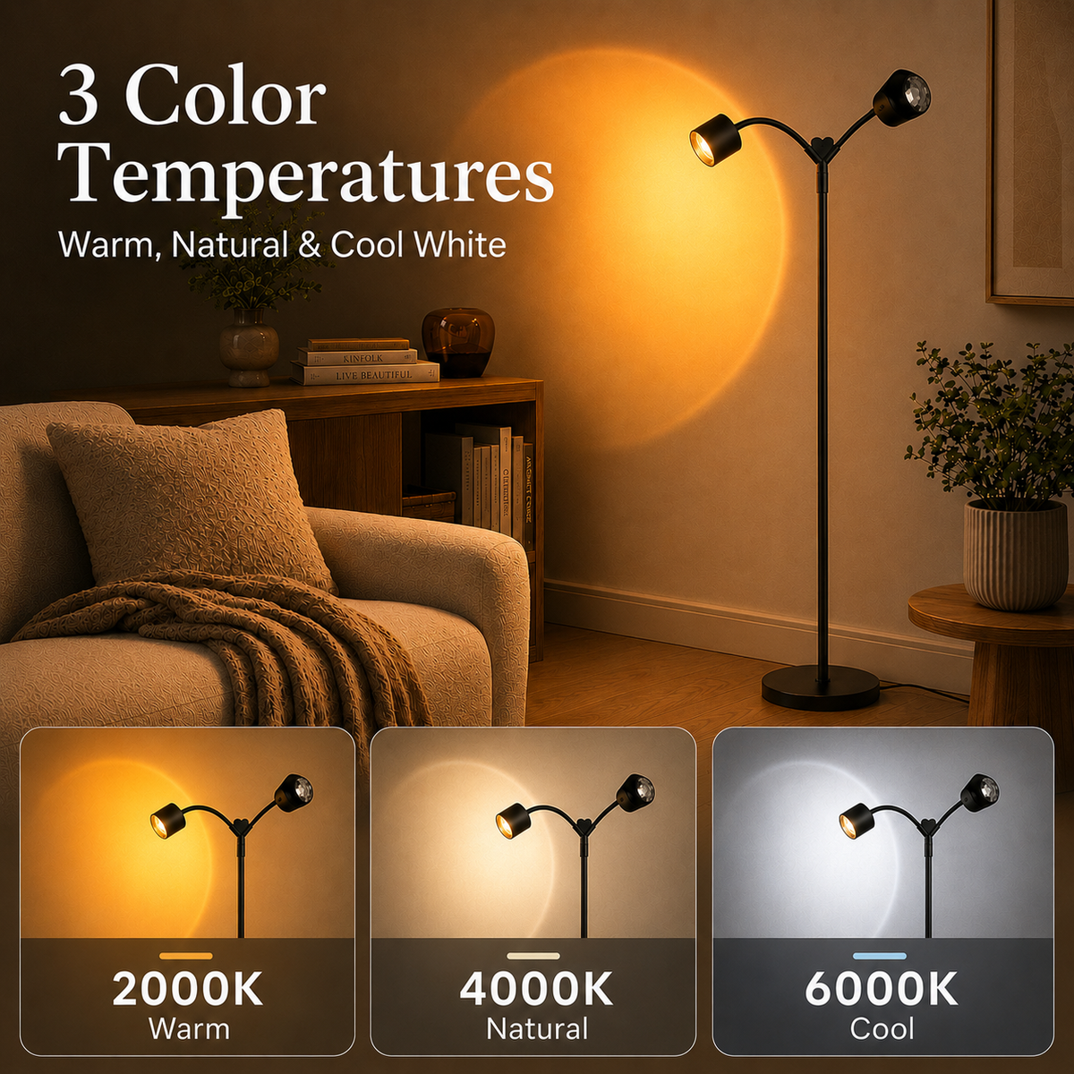 MEHOOM  Double-Headed Floor Lamp , 360°Rotating Sunset Lamp Ambiance Comes with 7 Color Swatches,  Modern Floor Stand Night Light for Living Rooms, Bedrooms & Offices
