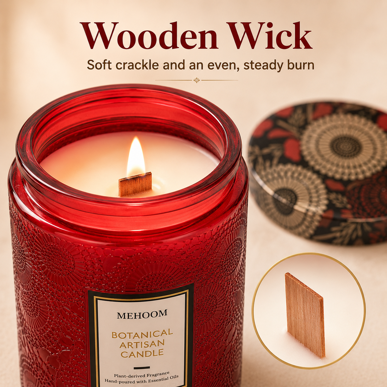 MEHOOM Strawberry Wood Wick Scented Candle, 20oz Large Beeswax & Soy Blend, Clean Burning 100-Hour Candle, Cozy Gift for Home Decor