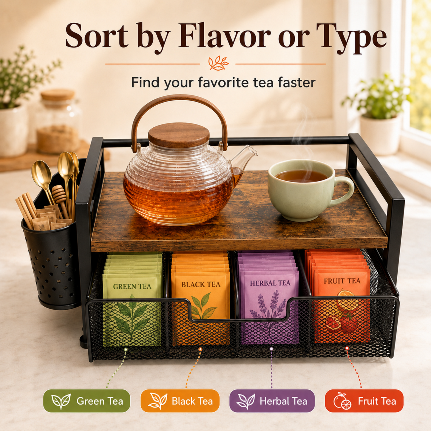 MEHOOM Tea Bag Organizer Kitchen Storage Box, Wood and Metal Tea Holder with Drawer, Countertop Tea Station Chest Display Container, Rustic Brown