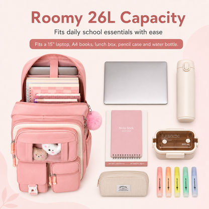 MEHOOM Girls Backpack for School, Kids Bookbag for Girls, Kawaii School Bag with Clear Display Pocket, Large Capacity Elementary Middle School Backpack, Pink