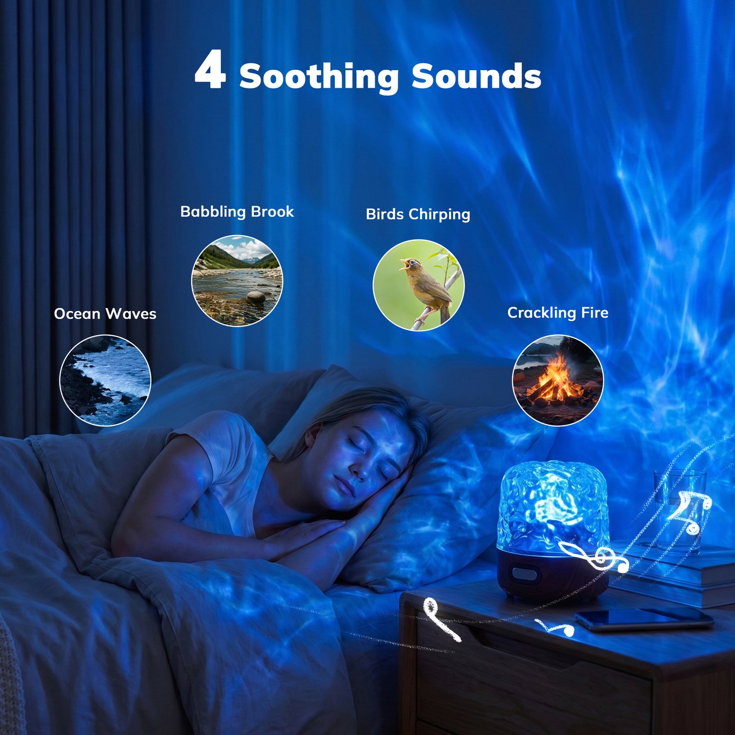 MEHOOM 16 Color Noise Sound Machine & Night Light, 3D Ocean Wave Projector Light for Sleep Adults/Kids, Bluetooth, Timer, Dimmable & Control, Rechargeable LED Lights for Bedroom