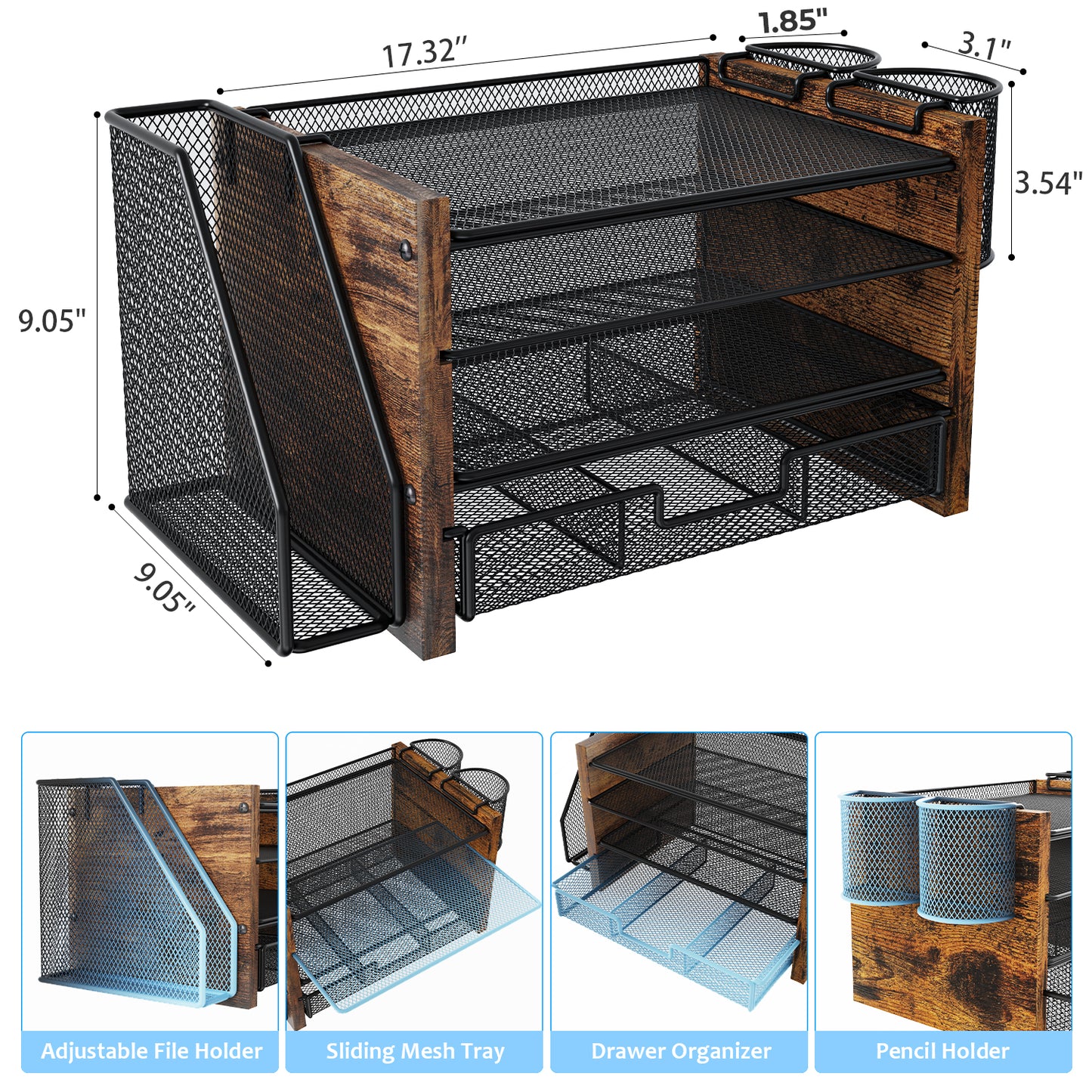 MEHOOM Desk Organizer with File Holder,4-Tier Desk File Organizer with Drawer and 2 Pen Holders, Office Desk Accessories, File Sorters, Workspace Organizers for Office Supplies